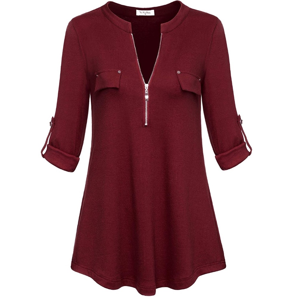 Women's Notch-V Neck Long Sleeve Roll-up Sleeve